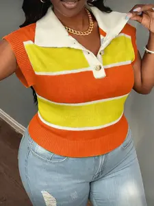 【Plus Size】Women's Summer Polo Neck Button Striped Colorblock Knit Top, Casual Loose Fit Sweater Vest, Fashionable Versatile Outerwear