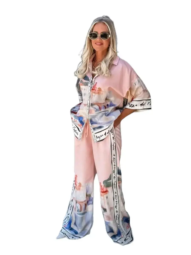 Women’s 2-Piece Polyester Gradient Watercolor Print Outfit - Collared Button-Down Shirt, Loose Wide-Leg Pants, Comfortable Casual Set, Everyday