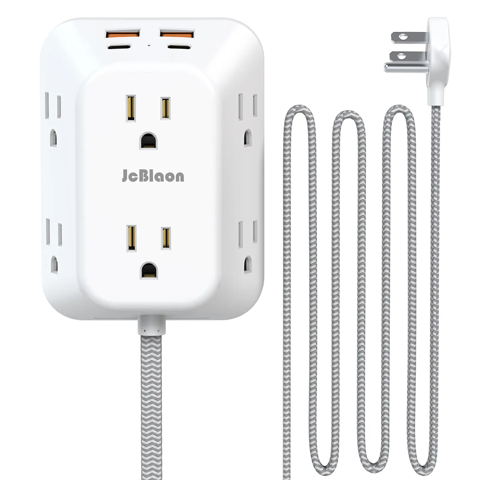 Power Socket Extender Surge Protector - US Flat Plug Square Universal Socket, 6+4 Ports (6 AC Outlets, 4 Smart USB Slots), 3-Side Space-Saving Design, 5FT Braided Cord for Home, Office