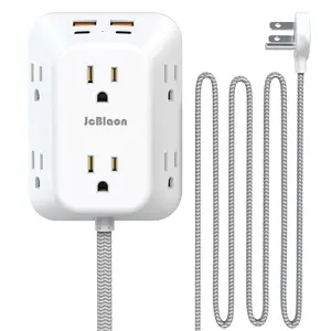 Multi-Device USB Power Strip with Flat Plug，6 AC Outlets And 4 Smart USB Ports, Space-Saving 3-Side Design, 5FT Braided Cord for Dorm Office Home Travel