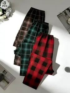 Men's 3-Pack Plaid Pajama Pants | Classic Tartan Lounge Pants with Elastic Waist & Drawstring | Comfortable Breathable Sleep Bottoms for Christmas & Daily Loungewear