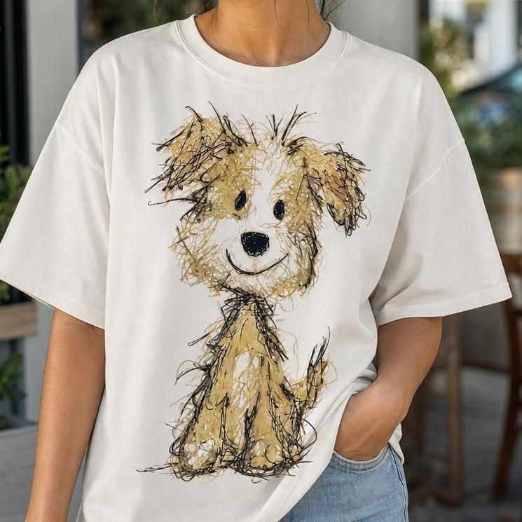Women's 100% Cotton Crew Neck Drop Shoulders Loose-Fit Short Sleeve Tshirt - Whimsical Sketch Graphic Pet Lover Casual Streetwear Top