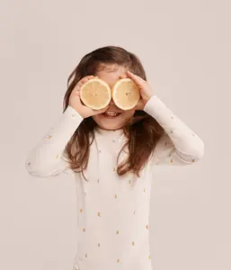 Kids Pajama Set Long Sleeve Snug Fit Viscose from Bamboo Cream Lemons