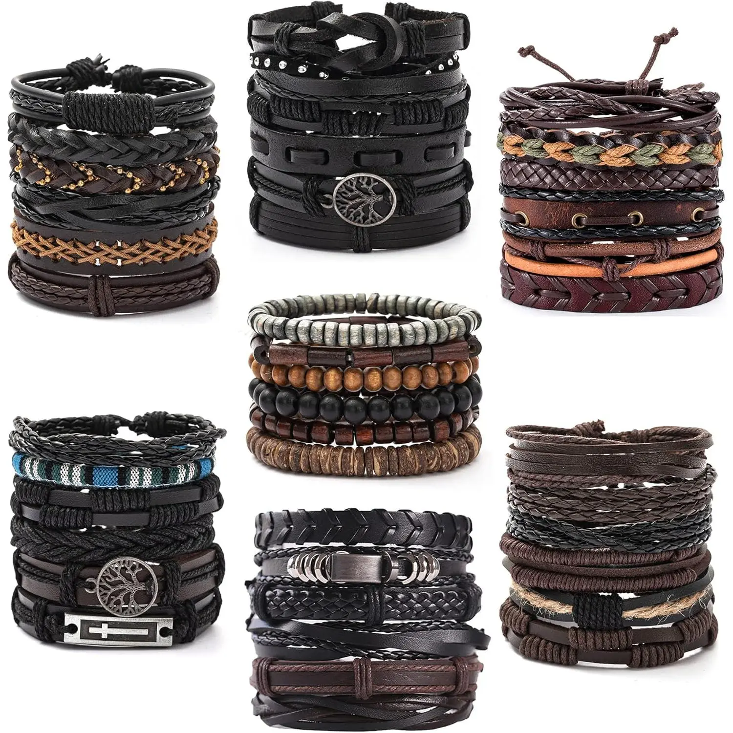 42Pcs Braided Leather Bracelets for Men Women, Adjustable PU Leather Wood Bead Bracelet Set with Cross Tree of Life, Stackable Boho Punk Wristbands