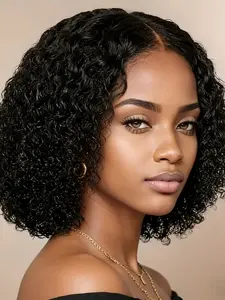 4X4 Lace Front Afro Short Human Hair Wigs with Bangs Afro Curly Wig Human Hair Short Pixie Wig Natural Black Color