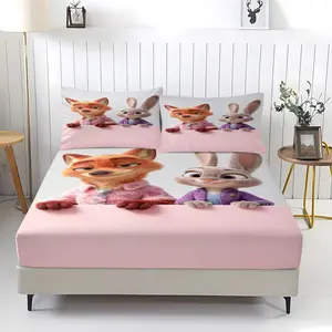 Crazy Zootopia cartoon image printed pattern bed sheet, comfortable printed pattern, including 1 bed sheet and 2 pillowcases, comfortable bedding, anti slip dust cover suitable for bedrooms and guest rooms, suitable for children and adults as gifts