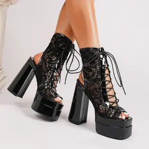 getmorebeauty Women's Lace Platform Chunky High Heels Lace-up Slingback Sandals Square Open Toe Party Dressy Shoes Footwear Fashion Stylish Elegant