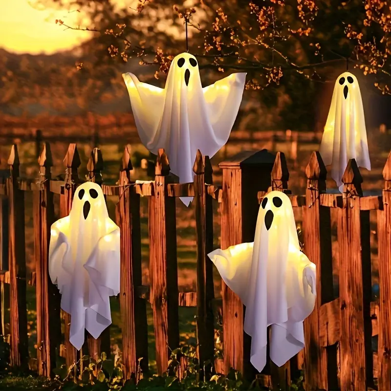 Light Up Hanging Ghost Halloween Decor, Bendable Arms Glowing Ghost Ornament Battery Operated, White & Orange Fabric Ghost Hanging Light for Tree Porch Front Door Haunted House Party Supplies