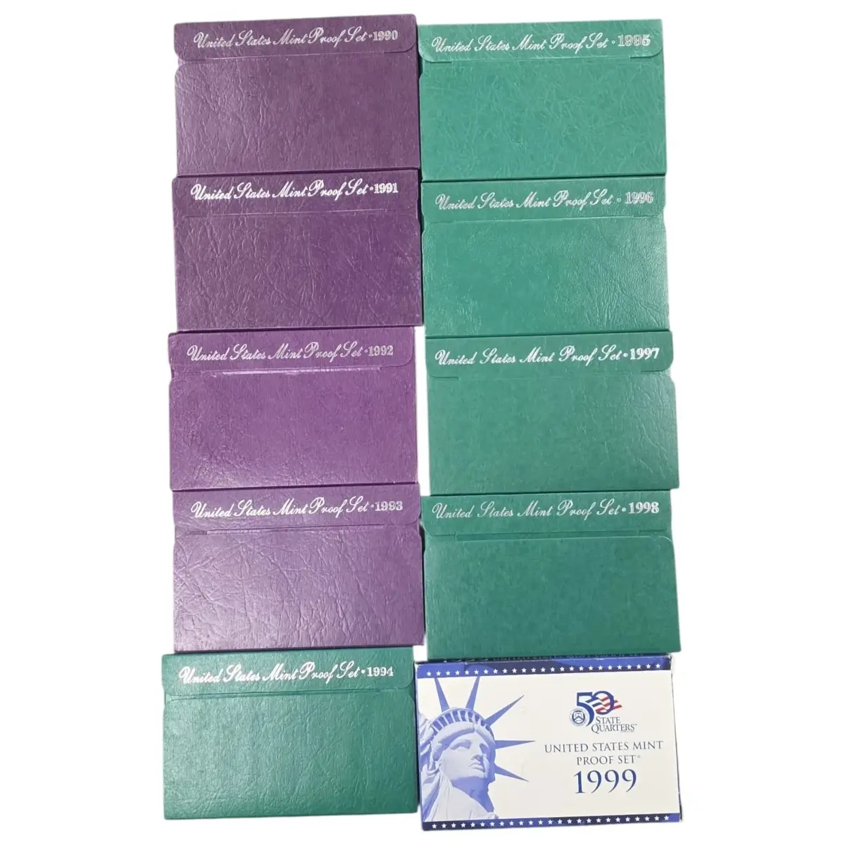 1990-1999 US Mint 10 Annual Proof Sets w/ COA -AS IS