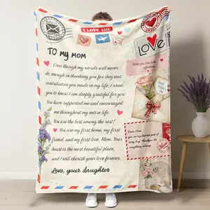 For Mother's Day Retro Postal "To My Mom" Fleece Blanket, Vintage Airmail Envelope & Handwritten Love Letter Graphic Cozy Plush Throw, Ideal for Bedroom Decor, Mom Self-Care Nights & Heartfelt Home Comfort