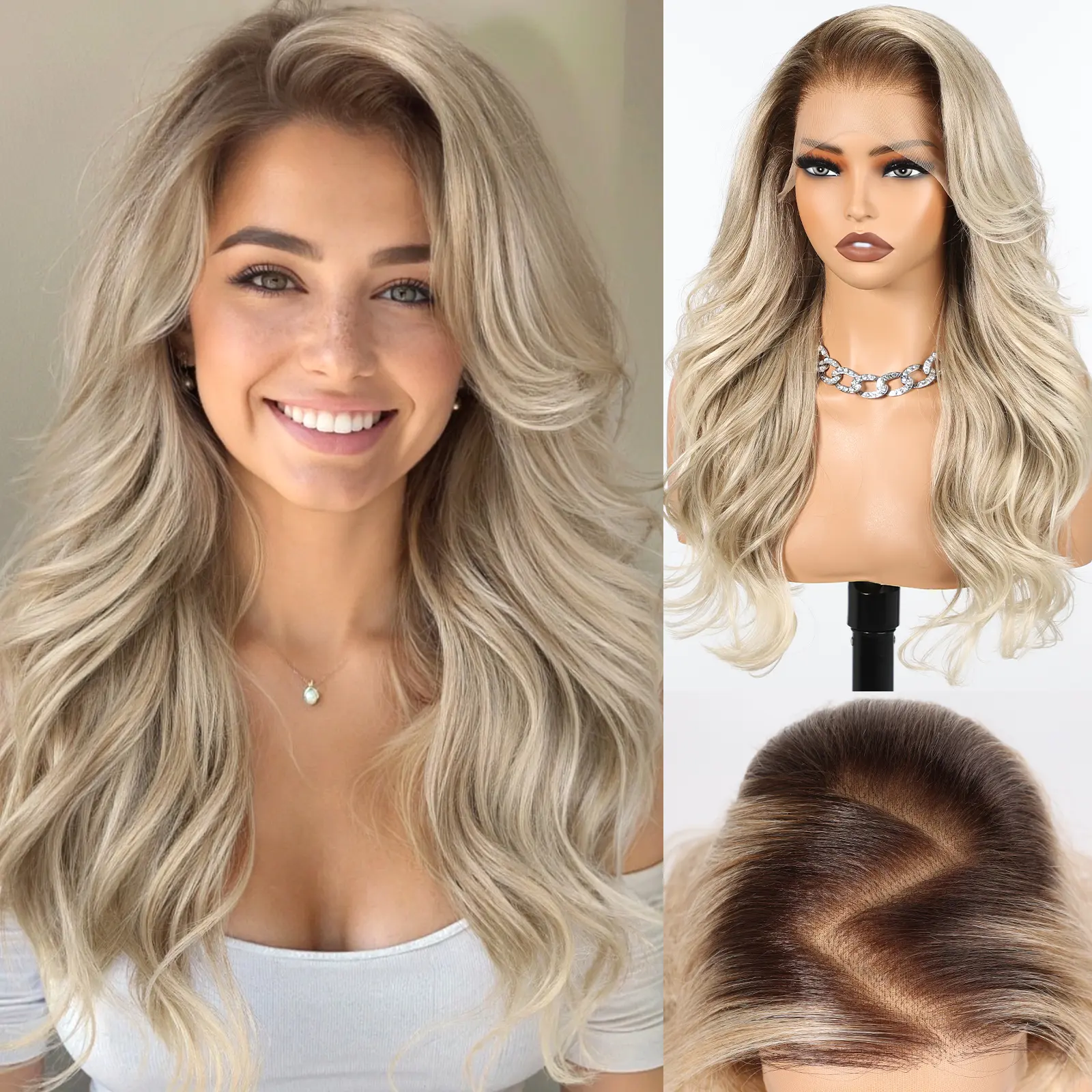 HAIRCUBE 13x6 HD Synthetic Lace Front Wig 24 Inch Ash Blonde Long Curly Layered Wigs Natural Glueless for Women Daily Use