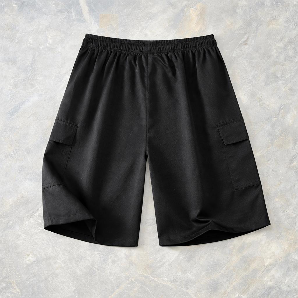 5-pack men’s cargo shorts for summer—loose fit with elastic waistband and drawstring, large side pockets and patch details, windproof breathable fabric, made from wear-resistant material; ideal for casual summer outdoor wear and a wardrobe essential for s