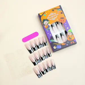 GothicGlam 2025 Xc-61-12 Spooky Ghost Designs Black French Tip Matte Glow-in-the-Dark Press-On Nails Easy Clip-On No Damage Removal Halloween Nail Art