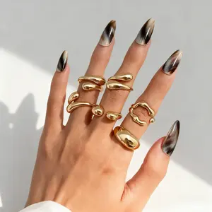 6-piece set of curved metal-finish rings, open design, minimalist style, geometric and irregular joint rings, stackable rings for women
