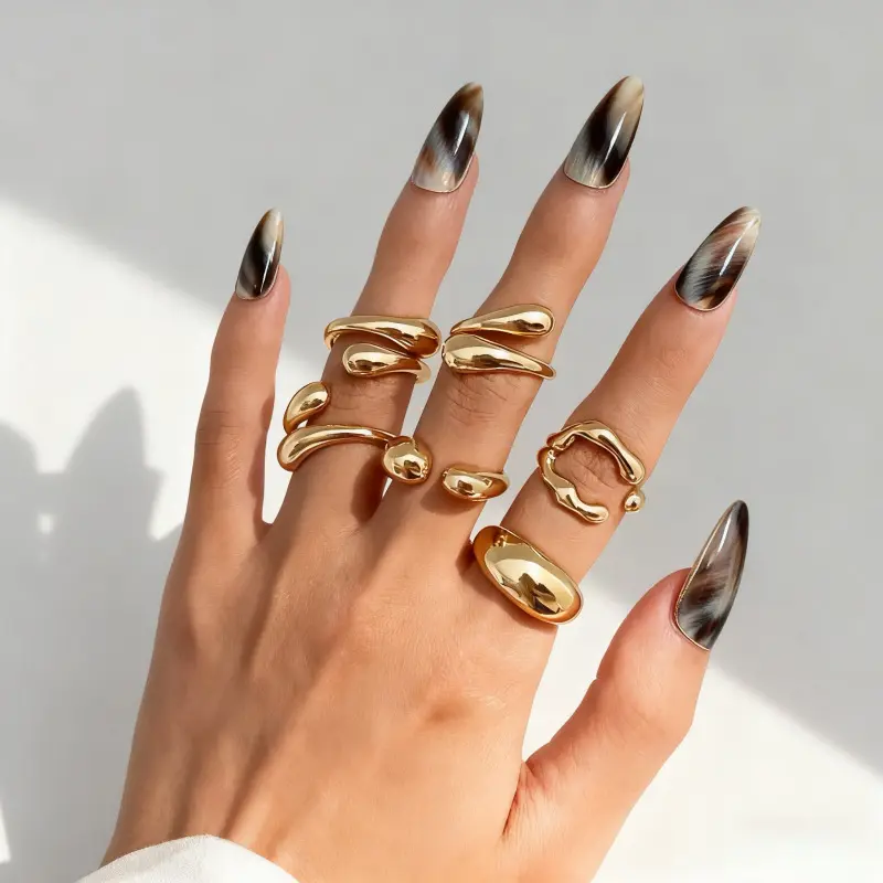 6-piece set of curved metal-finish rings, open design, minimalist style, geometric and irregular joint rings, stackable rings for women