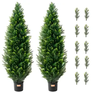 【FathersDayGift】 VEVOR 2-Pack 48-in Artificial Cedar Topiary Trees, Decorative Faux Evergreen Pine Cypress Set with Extra Leaves & Pot, UV-Rated Greenery for Home Indoor/Outdoor Decor
