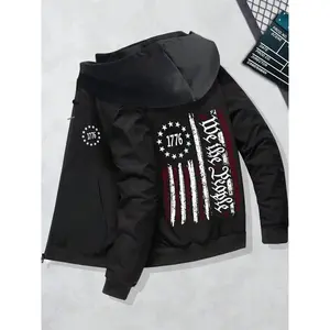 Men's Black Hooded Jacket with "We the People" & "1776" American Flag Heat Transfer Prints