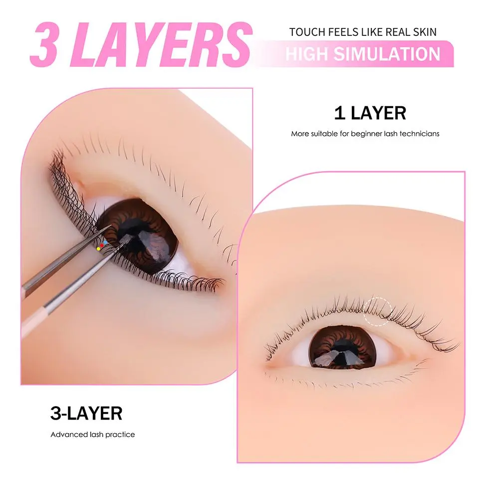3 Layers Lashes Reusable Mannequin Eyes Eyes Model Doll Face Head Eyelash Extension Training Simulated Silicone Eye Makeup Tools