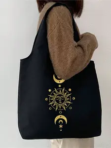 Sun, Moon, Stars Printed Canvas Shoulder Bag, Black Printed Vest Tote Bag and Black Small Bag, Shoulder Tote Bag, Multi-functional Shopping Bag, Commuter Bag, Valentine's Day Gift, Personalized Wedding Bridesmaid Gift Bag, Cosmetic Bag