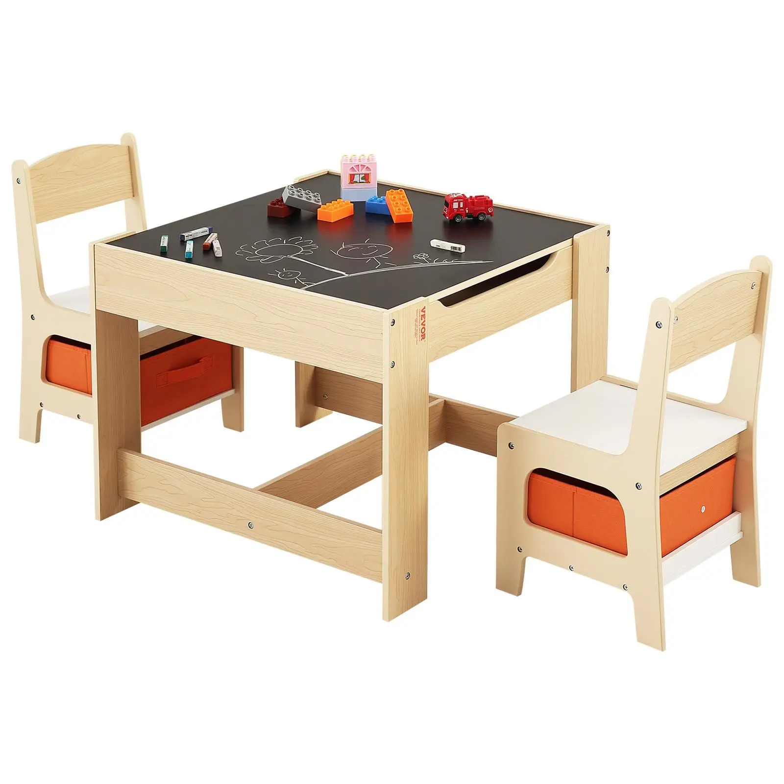 VEVOR Kids Rectangular Desk Set, Toddler P2-Grade MDF Wood Table with 2 Chairs, Waterproof Wipe-Clean Surface, Under-Table Storage & Cloth Boxes, 110lb Capacity, for Art Learning#SohoChic