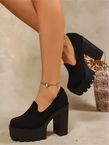 Spring and summer new leopard print suede thick heel waterproof platform high heels women's deep mouth round toe single shoes retro spicy style banquet women's shoes