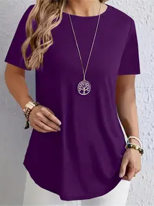 Women's Summer Solid Color Round Neck Short Sleeve T-Shirt, Loose Fit Curved Hem Casual Top, Multiple Colors Available