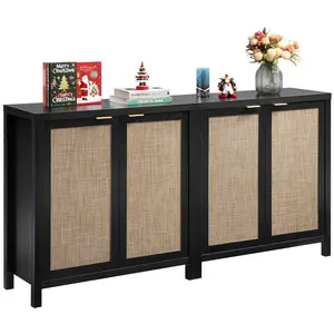 SICOTAS Sideboard Buffets Storage Cabinet - Boho Kitchen Coffee Bar Cabinet with Rattan Decorated Door - Unique Farmhouse Chest Credenza Design - 13.9" x 34.3" x 35.4" Multifunctional Cupboard Console Table for Dining Room Hallway