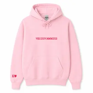 Roman Numeral Embroidered Matching Hoodie, Custom Anniversary Date, Couple Hoodies, Custom Initials With Heart on Sleeve Personalized Black Womenswear Clothing