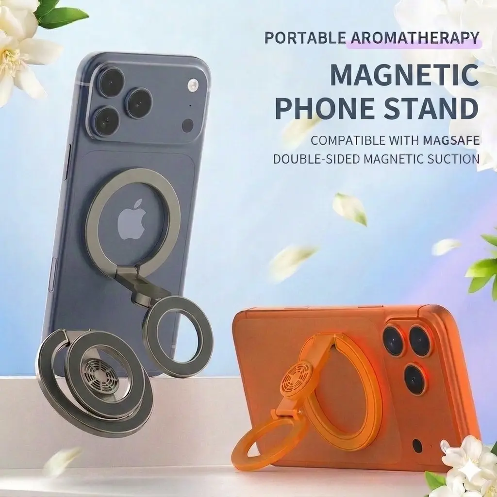 Double-Sided Magnetic Metal Smartphone Grip Stand with Refillable Aromatherapy Pad - Add Essential Oil or Mosquito Repellent, MagSafe Compatible 360° Rotating Mount, Magnetic Car & Desk Accessory for iPhone 17/16/15/14/13/12, Accessories, Magnetic Car Hol