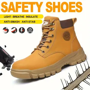 Comfortable, anti-slip and puncture-proof lace-up work shoes. Men's classic high-top solid-color safety boots. Footwear for construction and industrial use. Men's anti-smashing labor protection shoes, suitable for all seasons.