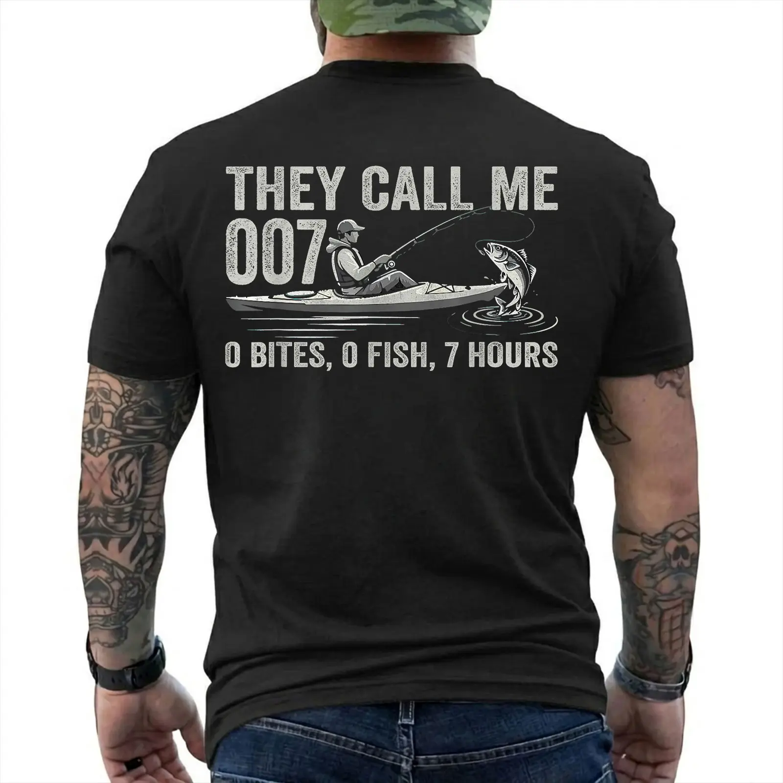 Funny Fishing Shirt, They Call Me 007 0 Bites 0 Fish 7 Hours Graphic Tee, Fishing Humor Gift for Fisherman Dad Grandpa, Unisex T-Shirt