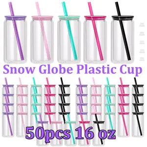 50 PACK 16 oz Plastic Snowglobe Cups Pre-Drilled, Double Wall Plastic Can Shaped Acrylic Snow Globe Tumbler Pre Drilled with Lid and Straw for Snow Globe Glitter DIY Gift Bottles Drinkware snow glitter diy