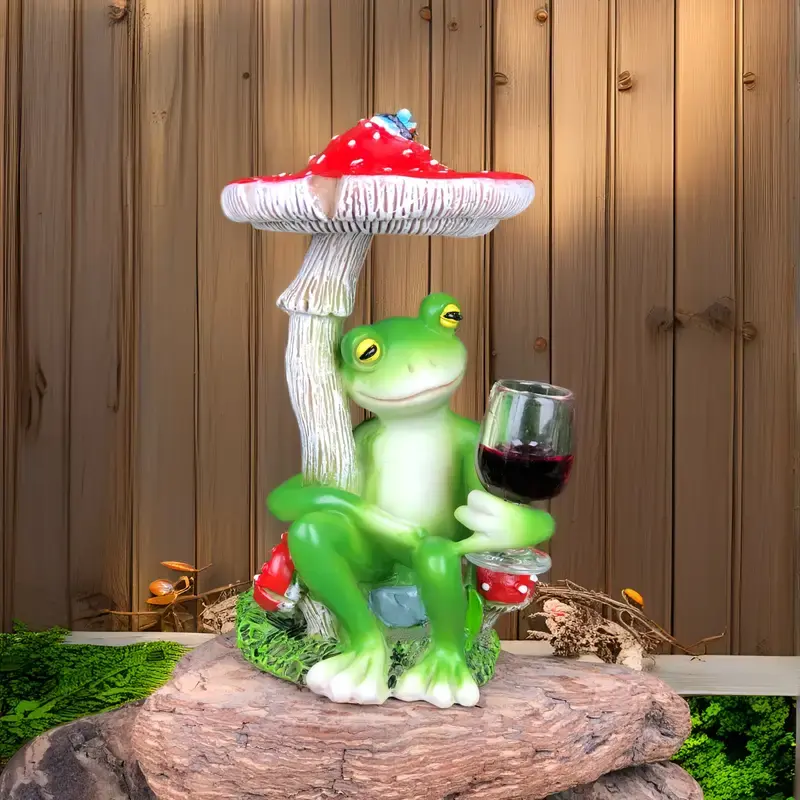 Fun resin frog garden statue - Wine glass mushroom house outdoor decoration, bright green and orange tones, durable lawn and courtyard art sculpture, suitable for natural-style gardens