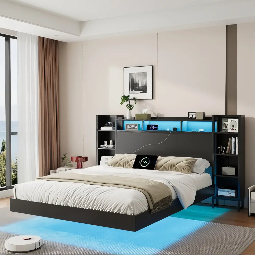 Floating Bed Frame with USB Charging Station, Storage Headboard and with Led Light, Heavy Duty Metal Platform Bed Frame, No Box Spring Needed, Black