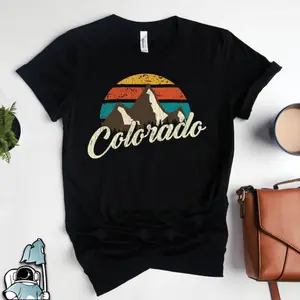 Men's Retro Colorado Mountains Art Design Cotton Knit Round Neck Short-Sleeve T-Shirt - Casual Cotton Fabric, Comfortable Fit, Hiking Use, Colorado Gift Option, Streetwear Sports Top