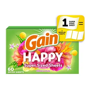 Gain Super Sized Dryer Sheets, Happy, Hibiscus Hula Scent, 60 Count Procter & Gamble