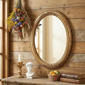 Classical Lace Oval Decorative Wall Mirror, European Style Home Art Hanging Piece, Creative Makeup Mirror for Photography Props, Bathroom Mirrors