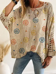 Spring Summer Women's Knit Top, One Shoulder Hollow Out Batwing Sleeve, Color Block Print Long Sleeve, Casual Elegant Commuter Wear