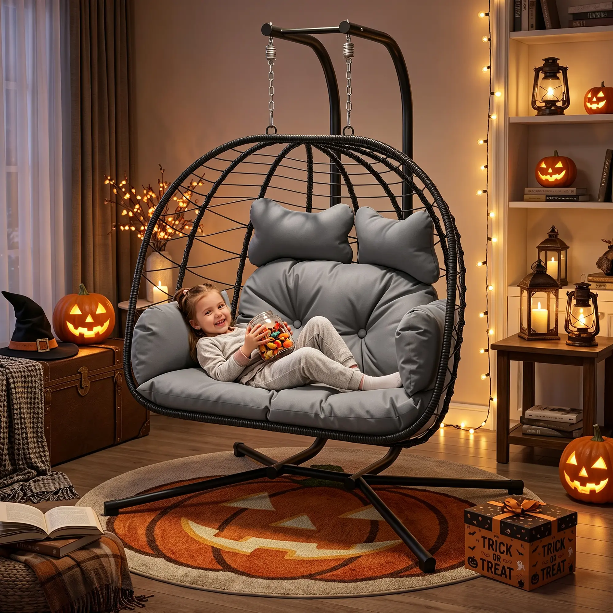 Double Egg Chair with Stand for Patio, Outdoor Indoor Hanging Swing Chair with Cushions, Wicker Rattan, 700lbs Capacity, Waterproof Sunproof for Balcony Garden Porch