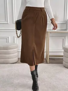 Women's Solid Split Hem Corduroy Skirt, Casual Fashion High Waist Fitted Midi Skirt for Daily Outdoor Wear, Women's Bottoms for Fall & Winter