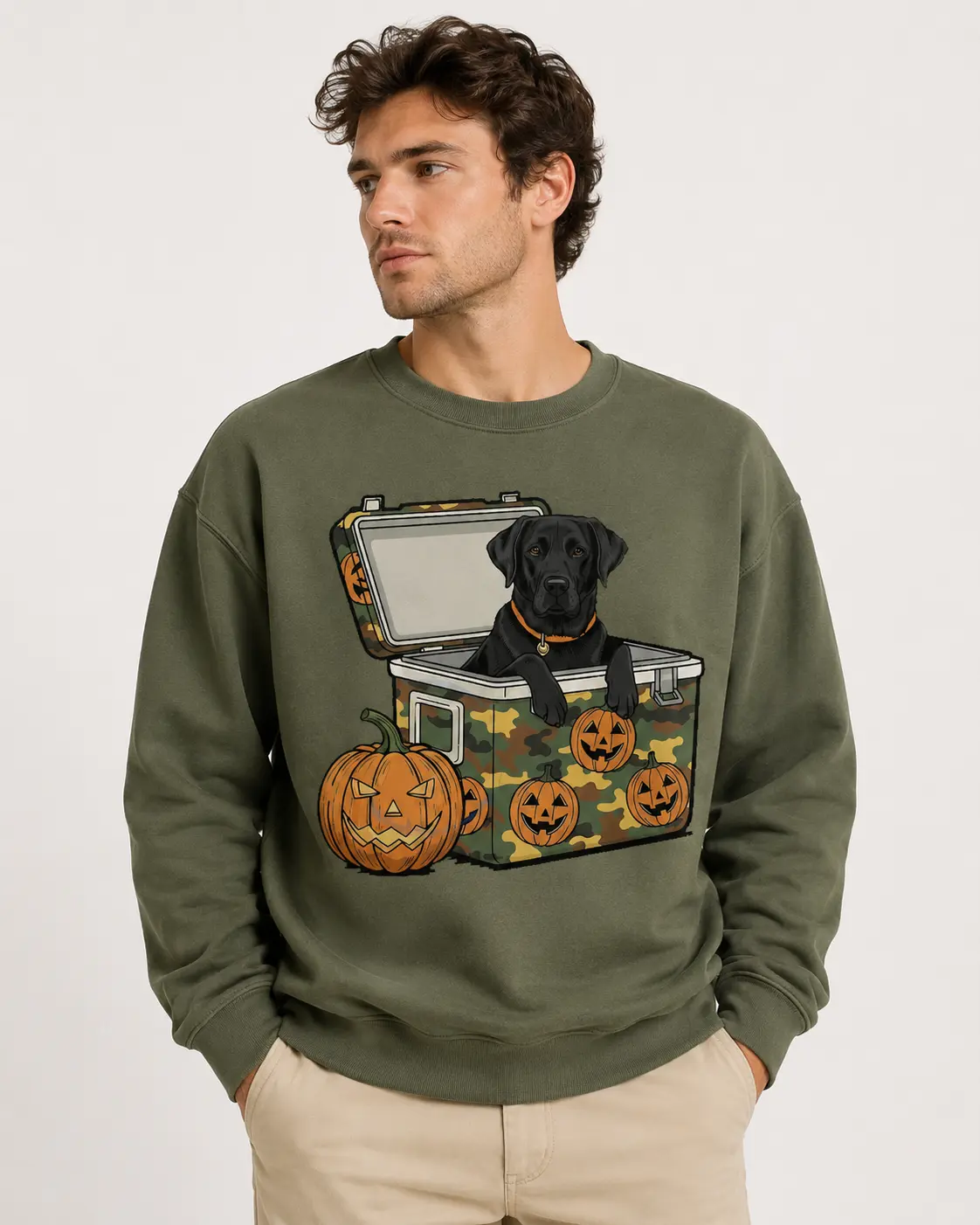 Halloween Black Lab Dog in Camo Cooler Unisex Sweater, Dog with Pumpkin Face Tee, Fall Hunting Dog Shirt, Southern Spooky Halloween Gift