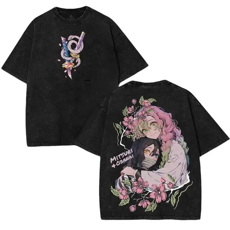 Men's Relaxed Oversized Unisex Demon Slayer Kimetsu No Yaiba Obanai x Mitsuri Love Hashira Graphic Short-Sleeve Tshirt, Premium Vintage Washed Cotton Round Neck Seamless Double-Print Streetwear Top, Anime Fan Gift, Casual Apparel, Shortsleeve, Classic, Cl