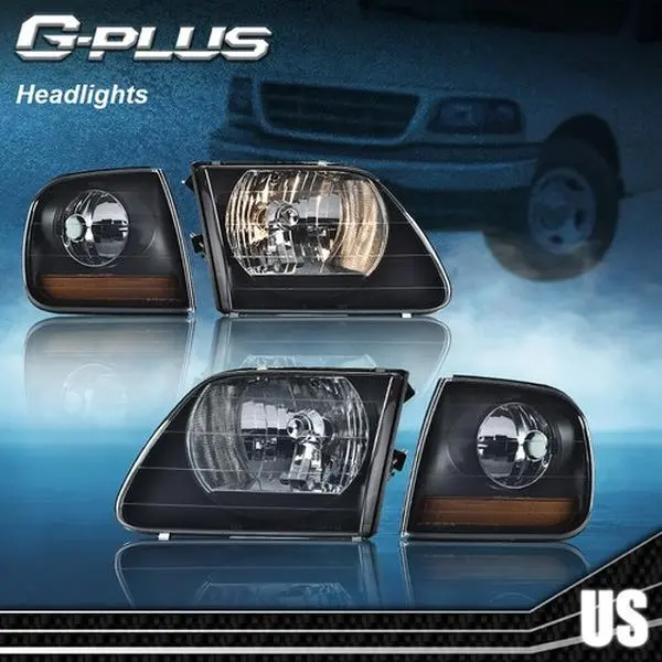 G-PLUS Headlights for 1997-2003 Ford F150/99-02 Expedition Black Headlights+Amber Corner Lights