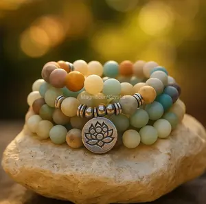 Natural 108 Mala Beads Bracelet Amazonite Lotus Charm Necklace Women Men Jewelry big  bracelets