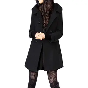 Women's Warm Double Breasted Wool Pea Coat Trench Coat Jacket with Hood