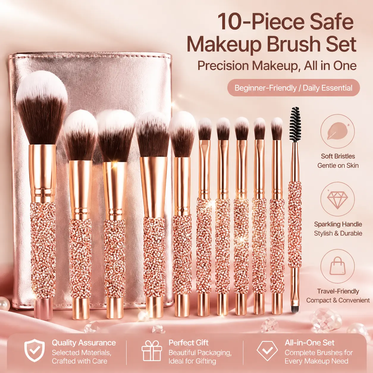 10Pcs Luxury Crystal Handle Diamond Rivet Makeup Brush Set - Synthetic Odor-Free Bristles, Seamless Blend Professional Beauty Tool for Face, Foundation, Concealer, Beauty Products, Crystal Handles, Luxury Look, Synthetic Bristles
