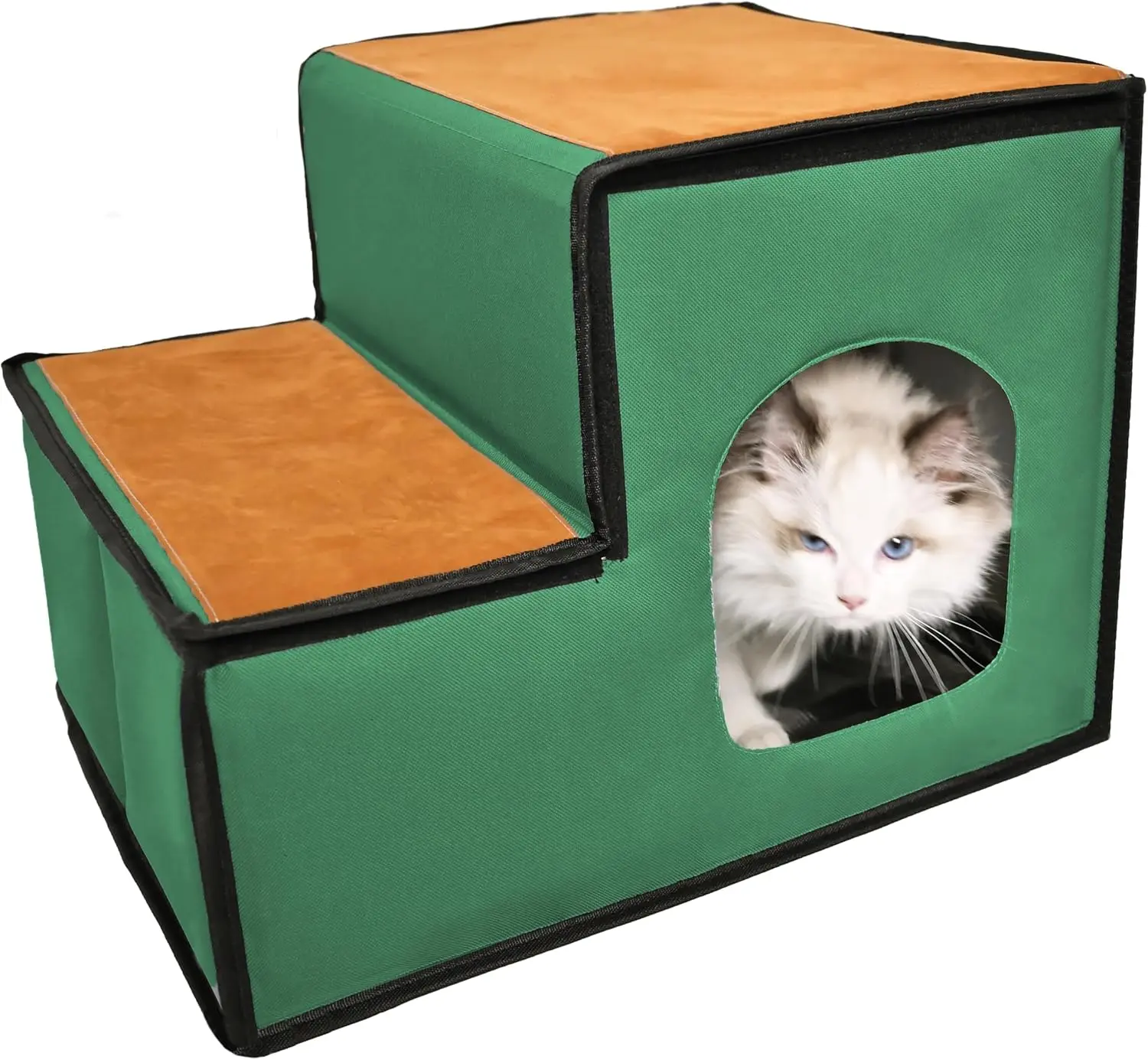 algalbloom-Multi-Functional Pet Stairs for Small Dogs & Cats, Anti-Slip Dog Steps for High Bed & Couch with Cozy Condo House, Storage Pocket, Sturdy PP Board Ladder for Older/Injured Pets (Green, 2)