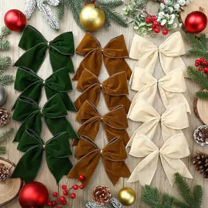 4 Piece Christmas Bow Decorations DIY Fabric Xmas Tree Wreath Hanging Ornaments, Festive Holiday Home Decoration Accessories