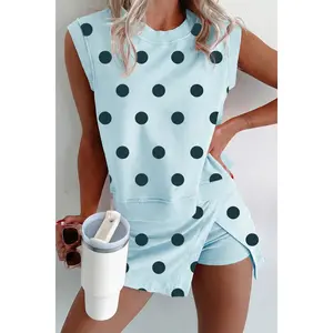 Sky Blue Ribbed Trim Polka Dot Print Tank Split Mini Skort 2pcs Set