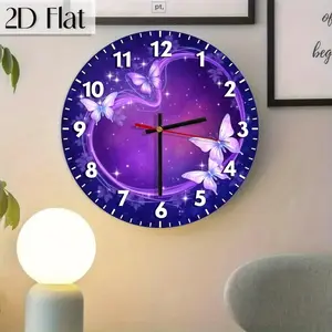 1 piece of 2D printed modern purple butterfly design wall clock, silent and non-ticking, made of round glass, battery-powered - ideal Valentine's Day gift for nature lovers and home decor enthusiasts